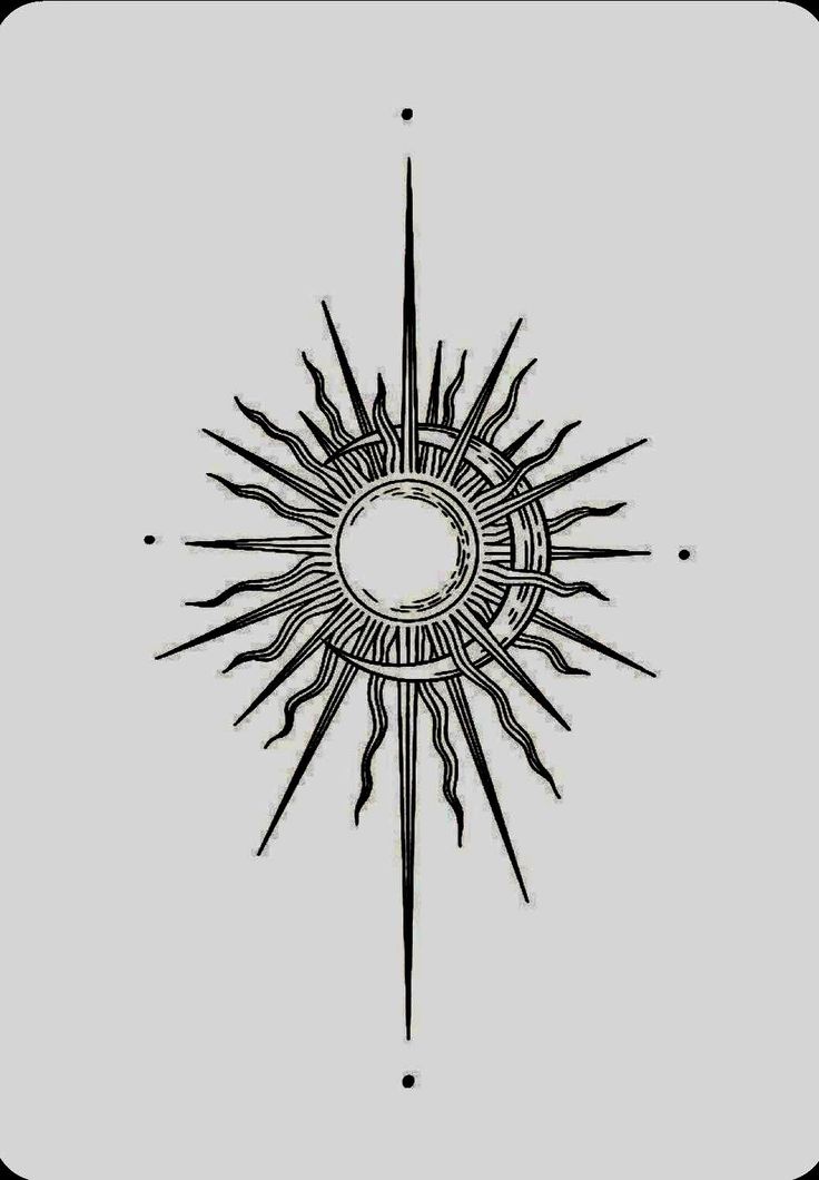 a black and white drawing of a sun with rays coming out of it's center