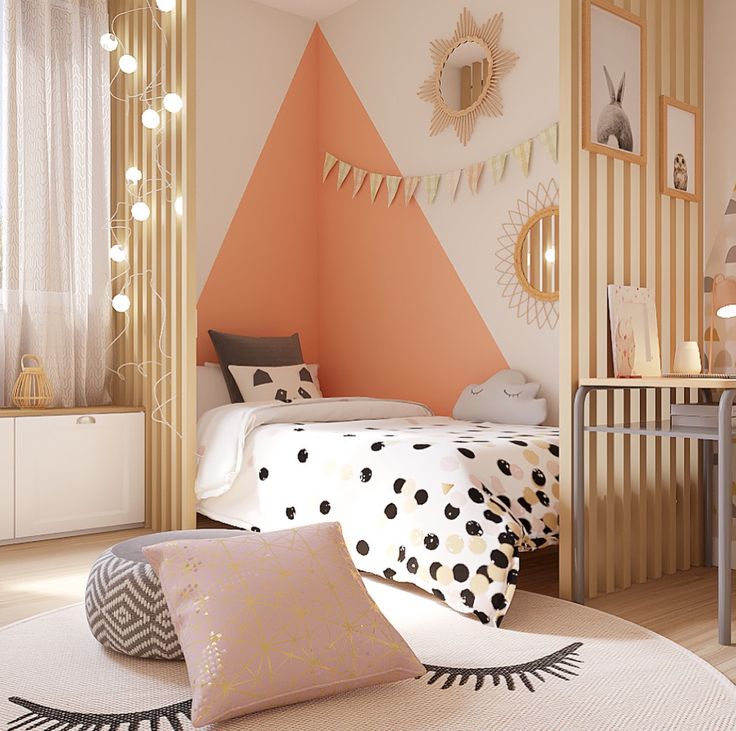 a bedroom decorated in pink, orange and white