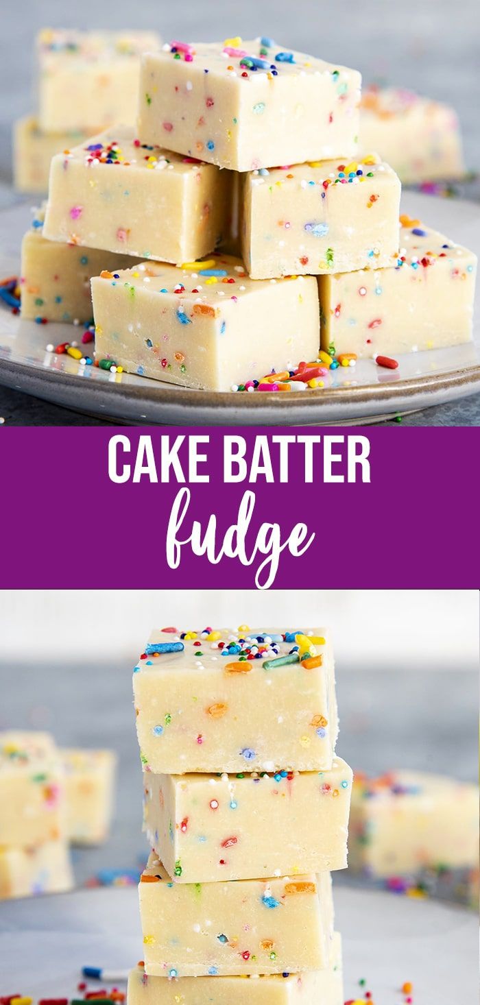 cake batter fudge is stacked on top of each other with sprinkles