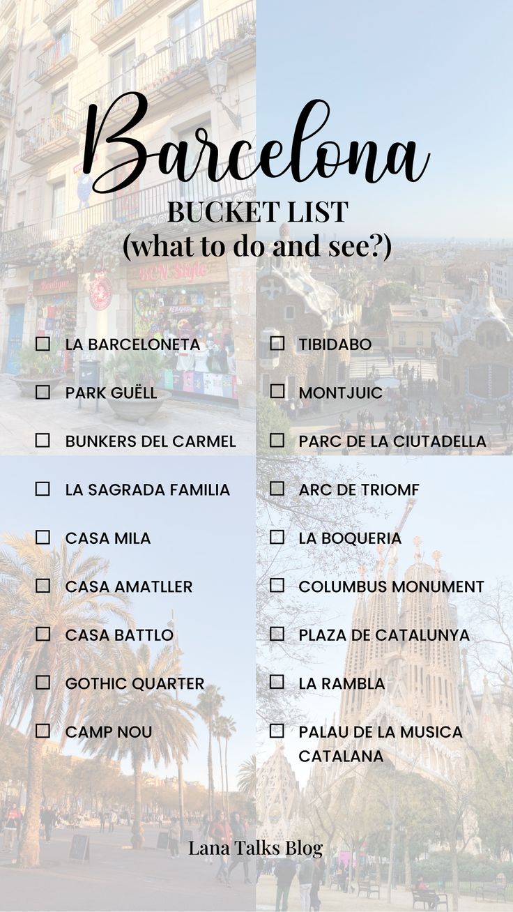 the barcelona bucket list is shown in black and white with text that reads what to do and see