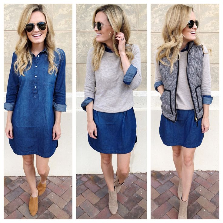 Navy Shirt Dress Outfit Fall, Button Up Denim Dress Outfit, How To Wear Denim Shirt Dress, Denim Dress Office Outfit, Denim Shirt Dress Outfit Women, Blue Jeans Dress Outfit, Winter T Shirt Dress Outfit, Winter Shirt Dress Outfit, Styling Denim Shirt Dress