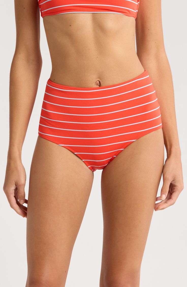 Ties in the back lend adjustable comfort to these high-waist bikini bottoms. Ties at back Moderate back coverage 92% polyester, 8% elastane Hand wash, dry flat Imported Black Owned/Founded High Waist Striped Swimwear For Beach Season, Striped High Waist Swimwear For Beach, Striped High-waist Swimwear For Beach, Striped Summer Bottoms For Sunbathing, Striped High Waist Swimwear For Poolside, High Waist, Hand Wash, Nordstrom, High Waisted