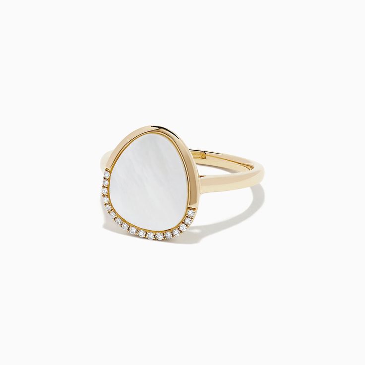 Effy 14K Yellow Gold Mother of Pearl and Diamond Ring, 0.05 TCW | effyjewelry.com Pearl And Diamond Ring, Yellow Stone, Gold Yellow, Mother Of Pearl, Round Diamonds, Gold Metal, Diamond Ring, Gemstone Rings, Wedding Rings