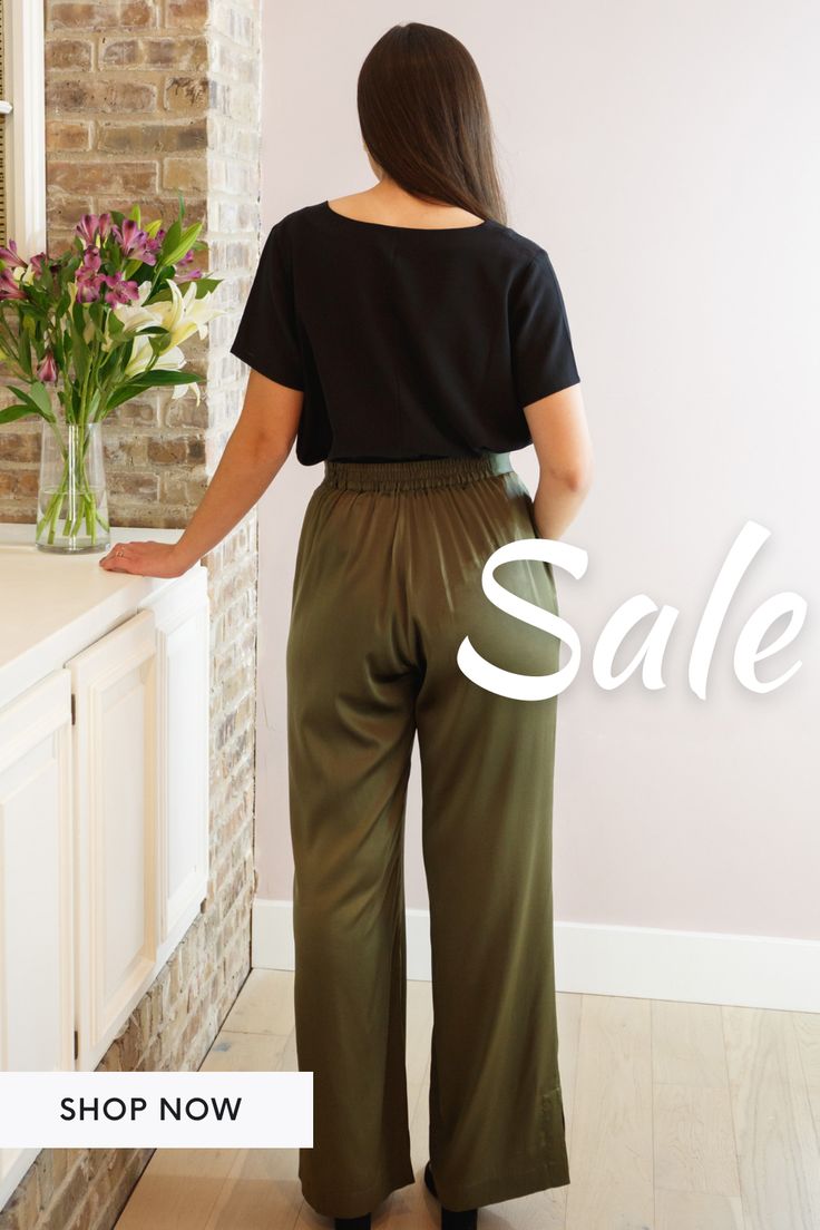 Don't let the fear of ruining your silk keep you from enjoying it. Our women's silk pants are not only luxurious but also washable. Choose from classic black, earthy olive green, or vibrant wine to add a touch of elegance to your outfit. Perfect for the woman who loves to combine style with practicality. #silkpants #washablesilk #silkoutfit #classy #classysilkoutfits #silkpantsoutfitclassy Chic Silk Wide-leg Bottoms, Chic Silk Wide-leg Pants, Chic Viscose Bottoms, Sleek Silk Pants For Spring, Wide Leg Rayon Lounge Pants, Chic Ankle-length Harem Pants For Loungewear, Chic Satin Wide Leg Pants With Elastic Waistband, Silk Solid Color Bottoms For Night Out, Silk Bottoms For Night Out