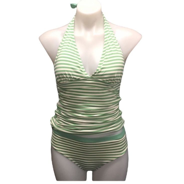 New With Tag Striped Lined Swimwear For The Beach, Green Sleeveless Lined Tankini, Striped Halter Neck Summer Swimwear, Fitted Striped Swimwear For Poolside, Striped Halter Neck Swimwear For Poolside, Lined Tankini For Beach Season, Summer Striped Fitted Tankini, Striped Fitted Tankini For Summer, Fitted Striped Tankini For Vacation