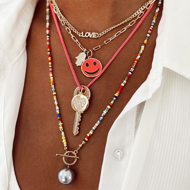 Multicolor Bead & Grey Pearl Toggle Necklace 18-20" Length Pearl color may slightly vary Necklace Layering Ideas Gold, Neckmess Ideas, Pave Ear Cuff, Xo Necklace, Triple Layer Necklace, Heart Disc, Paperclip Chain Necklace, Charm Choker Necklace, Hamsa Charm