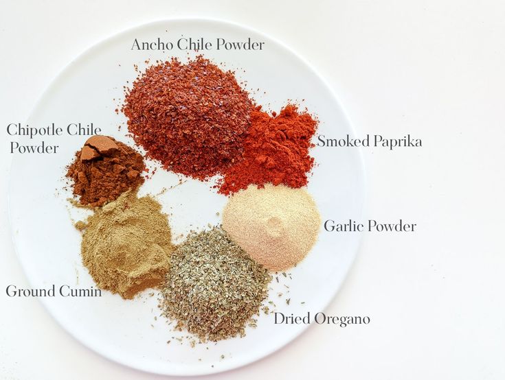 spices on a white plate labeled in different types of powdered and dried foodstuffs