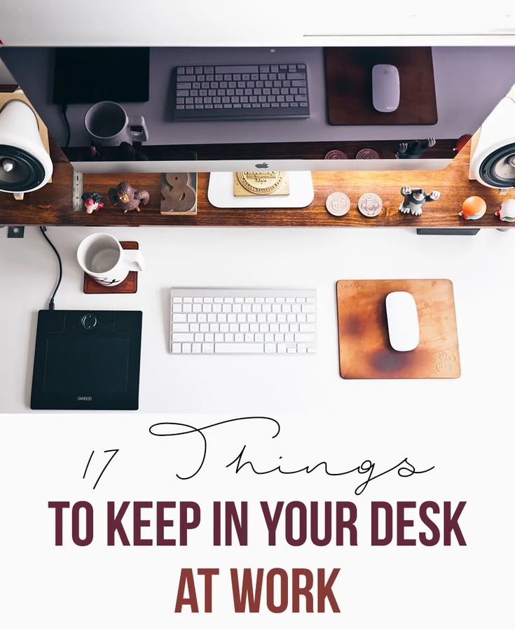 a desk with a keyboard, mouse and speakers on it that says 17 things to keep in your desk at work