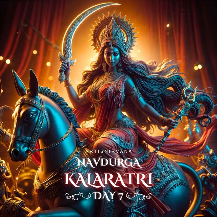 the poster for navdurga kakrari day 7, which features an image of a woman on a horse