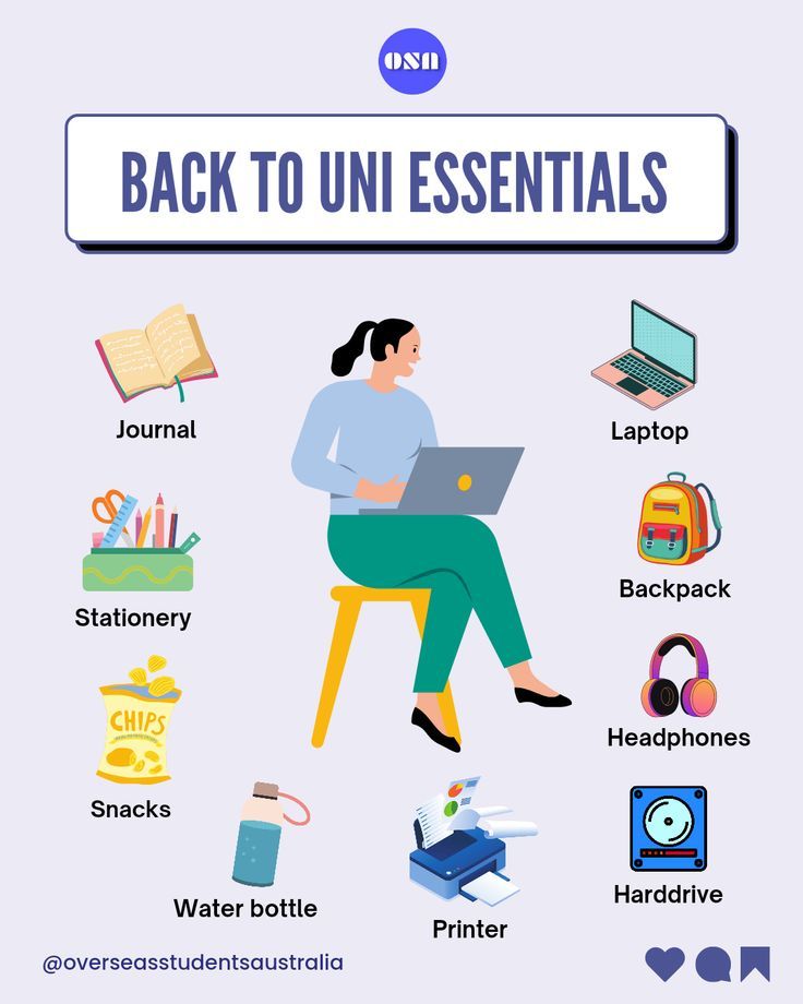 a woman sitting at a desk with a laptop and headphones on it, in front of the words back to uni essentials