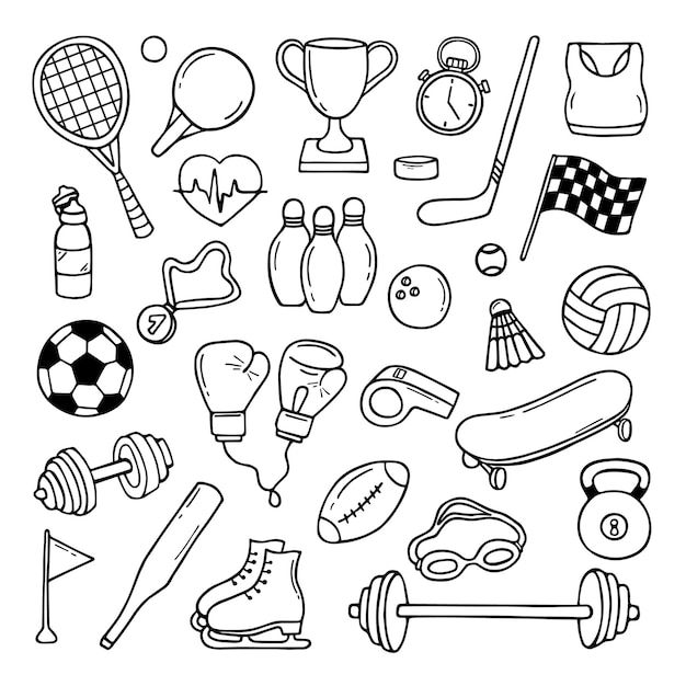 black and white drawing of sports related items