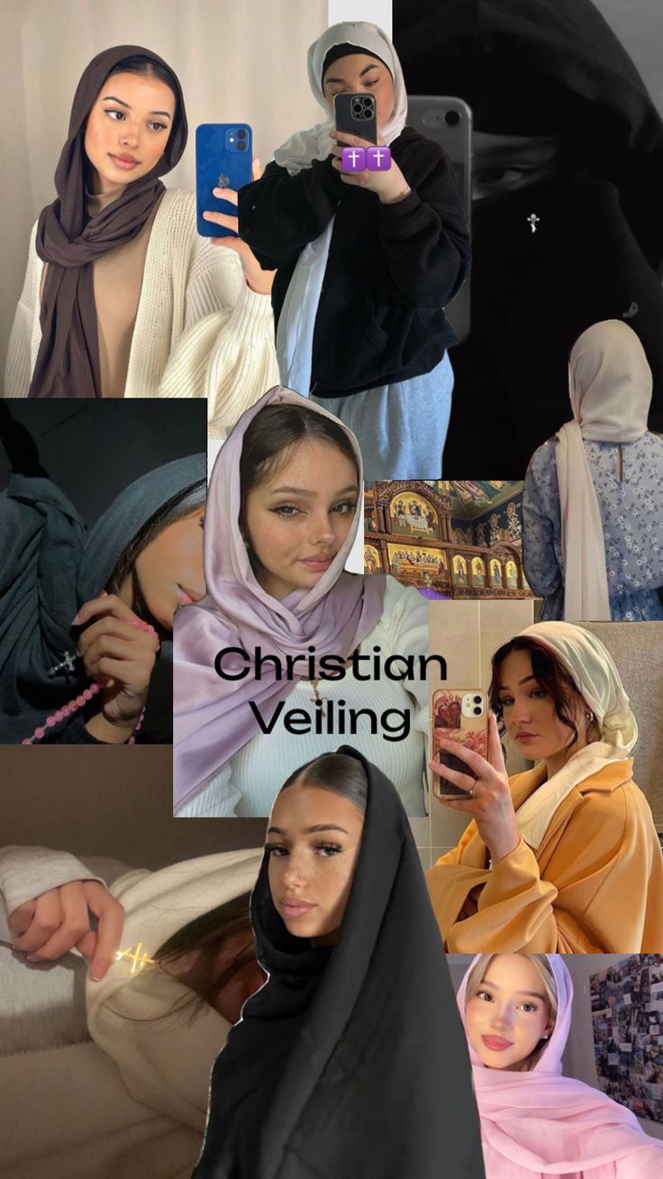 the collage shows several different women in hijabs and headscarves, with text that reads christian veiling