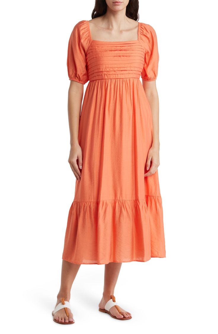 A pleated bodice and empire waist define this midi dress designed to be your next weekend favorite. 48" length (size Small) Square neck Short sleeves 100% polyester Hand wash, dry flat Imported Spring Knee-length Maxi Dress With Ruched Bodice, Fitted Midi Dress With Smocked Bodice And Short Sleeves, Spring A-line Puff Sleeve Dress With Smocked Bodice, Fitted Bodice Pleated Maxi Dress With Short Sleeves, Maxi Dress With Ruched Bodice And Short Sleeves, Knee-length Midi Dress With Ruched Bodice For Summer, Spring Puff Sleeve Dress With Fitted Bodice, Summer Midi Dress With Ruched Bodice And Fitted Waist, Fitted Puff Sleeve Midi Dress With Smocked Back