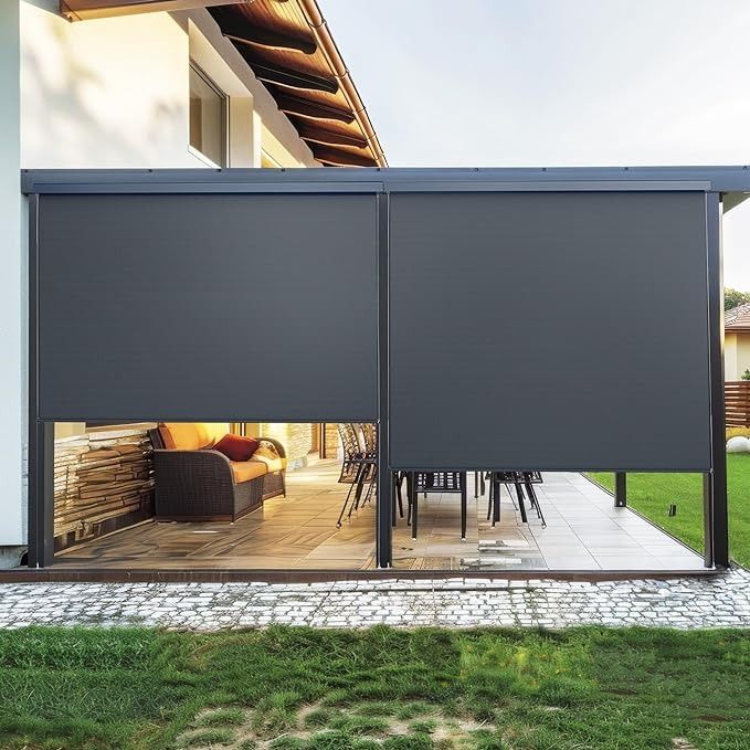 an outdoor living area with sliding glass doors