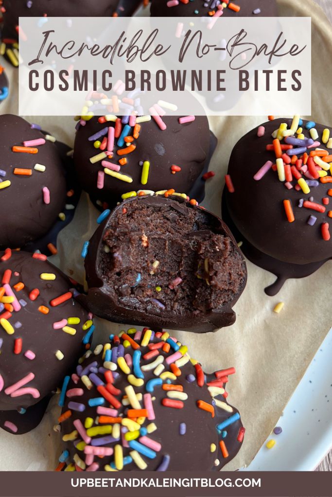 chocolate covered brownie bites with sprinkles on a white plate and text overlay reading incredible no - bake cosmic brownie bites