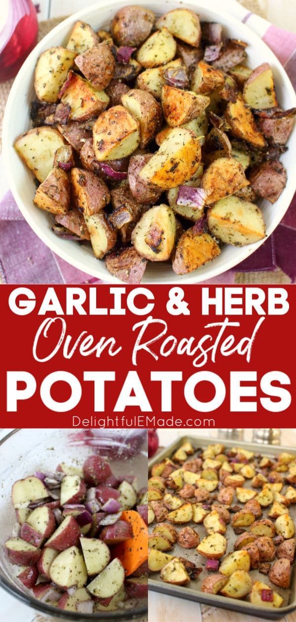 garlic and herb oven roasted potatoes with text overlay