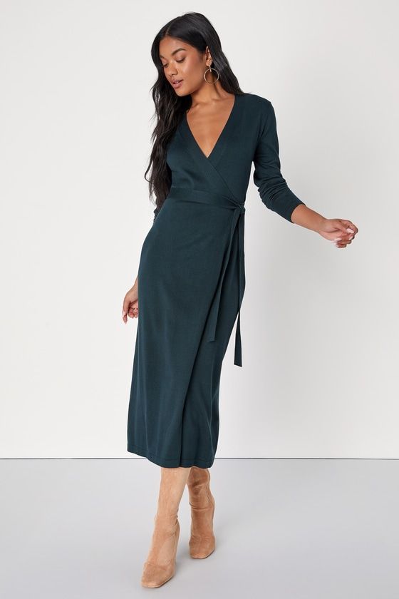 Emerald Green Sweater Dress - Midi Wrap Dress - Long Sleeve Dress - Lulus Red Velvet Wrap Dress, Mid Size Romantic Style, Kibbe Soft Classic Business Casual, Sweater Dress For Wedding Guest, Work Wrap Dress, Midi Dress For Work, Soft Dramatic Work Outfit, Business Professional Dresses For Women, Emerald Green Sweater Dress