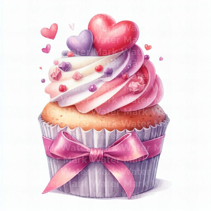 a cupcake with pink frosting and hearts on top is shown in this watercolor painting