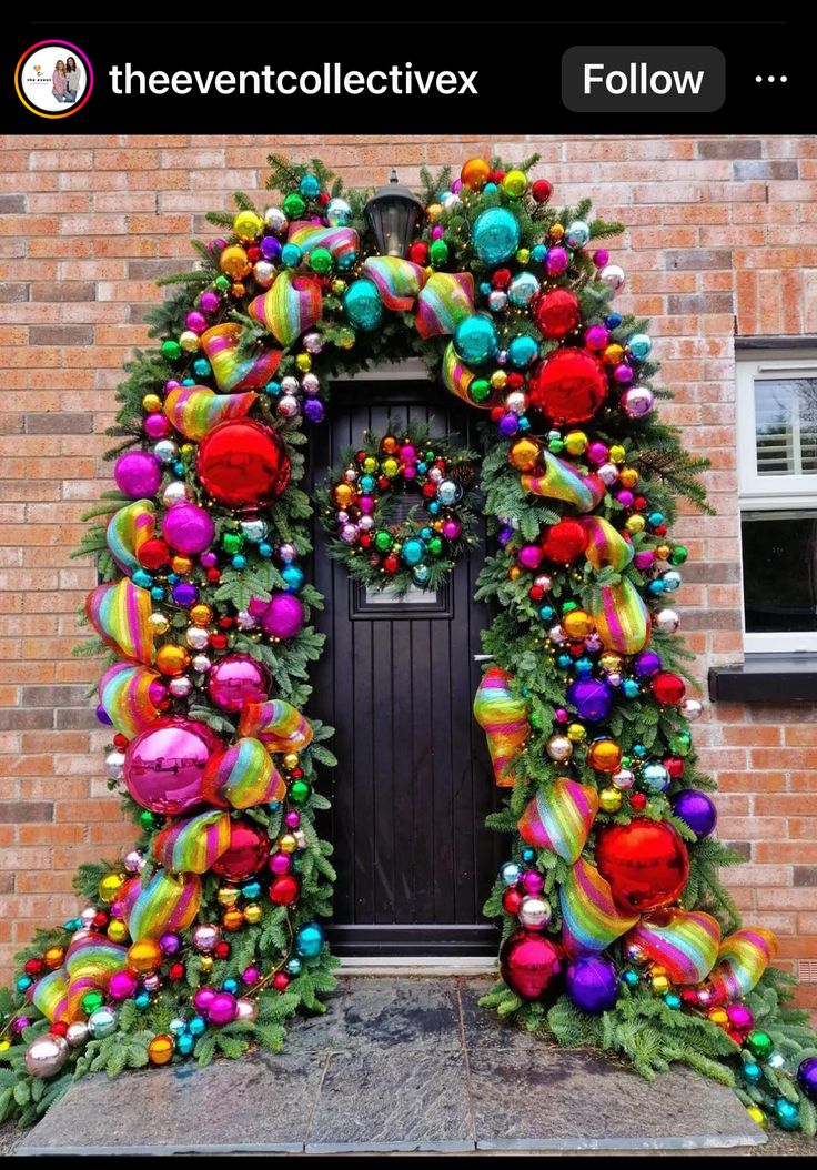 the front door is decorated with colorful ornaments