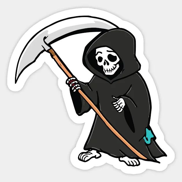 a sticker with a skeleton in a black robe holding a scull and an umbrella