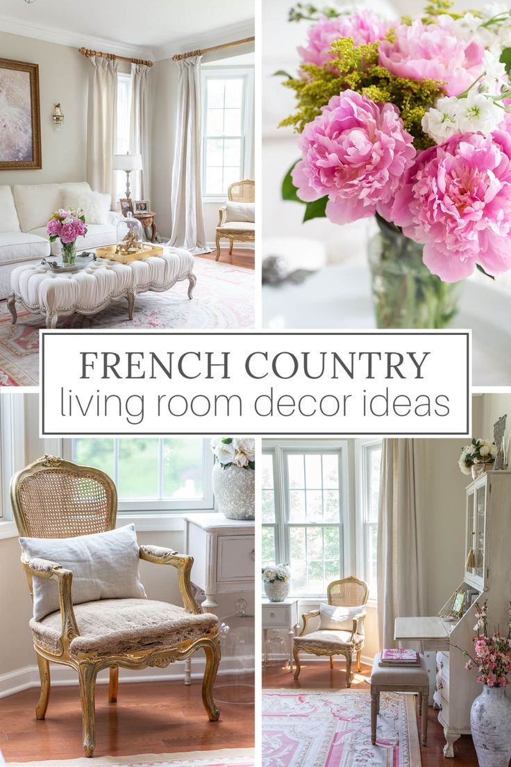 french country living room decor ideas with pink peonies in vases and chairs