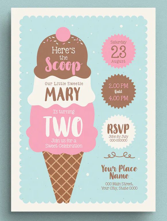 an ice cream cone birthday party poster with the words here's the scoop on it