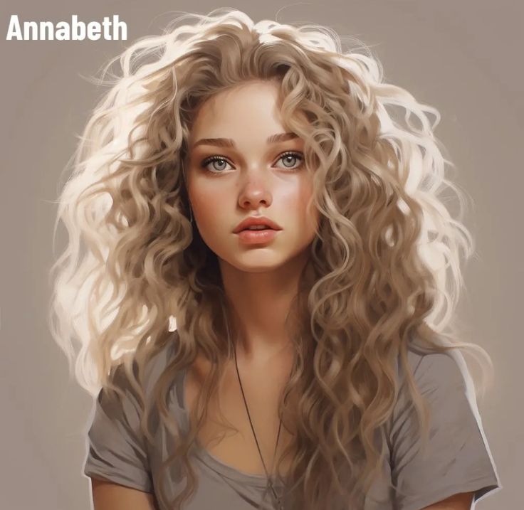 a drawing of a woman with long curly hair and blue eyes is featured in this image