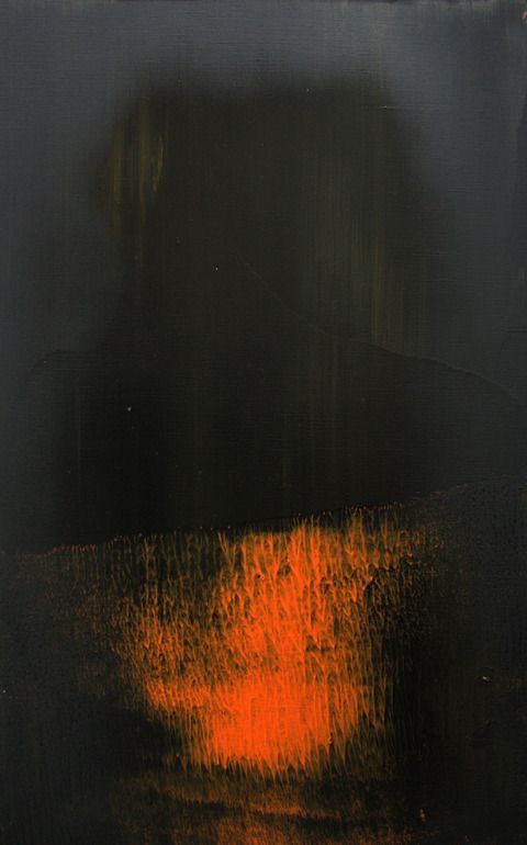 an abstract painting with orange and black colors