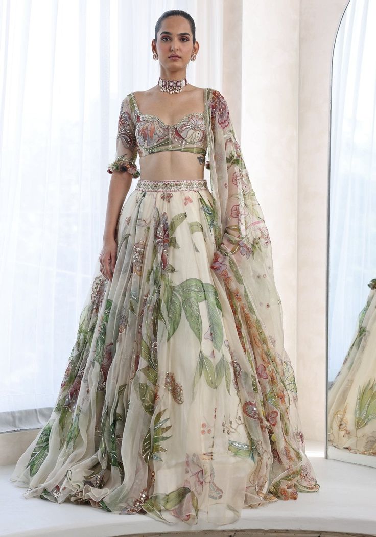 Ivory Floral Printed Lehenga Set Mahima Mahajan - Fabilicious Fashion Blouse With Lehenga, Ruffled Saree, Mahima Mahajan, Blouse With Belt, Lehenga Style Saree, Indian Bridesmaid Dresses, Sangeet Outfit, Printed Lehenga, Simple Lehenga