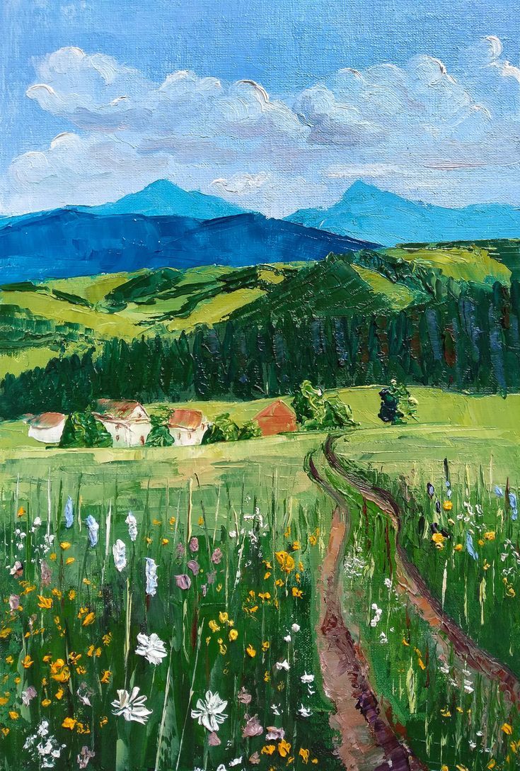 a painting of a country road in the middle of a field with wildflowers