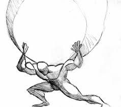 a drawing of a man holding a large object in the air with one arm and two legs