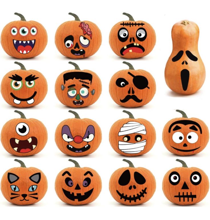 pumpkins with different faces painted on them