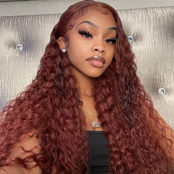 CurlyMe Reddish Brown Color Water Wave Auburn Hair 13x4 Lace Front Wigs Pre Plucked - curlyme hair Bleached Hairline, Wigs Colorful, Dark Auburn Hair Color, Dark Auburn Hair, Curly Lace Frontal, Wig Styling, Glueless Wigs, Hair Color Auburn, Glueless Wig