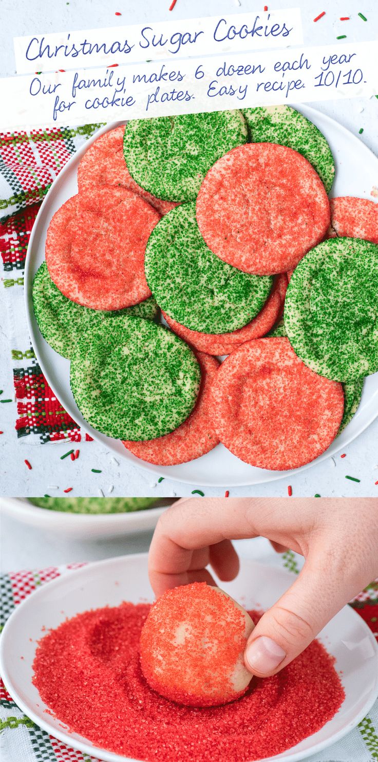 christmas sugar cookies on a plate with red and green sprinkles in the middle