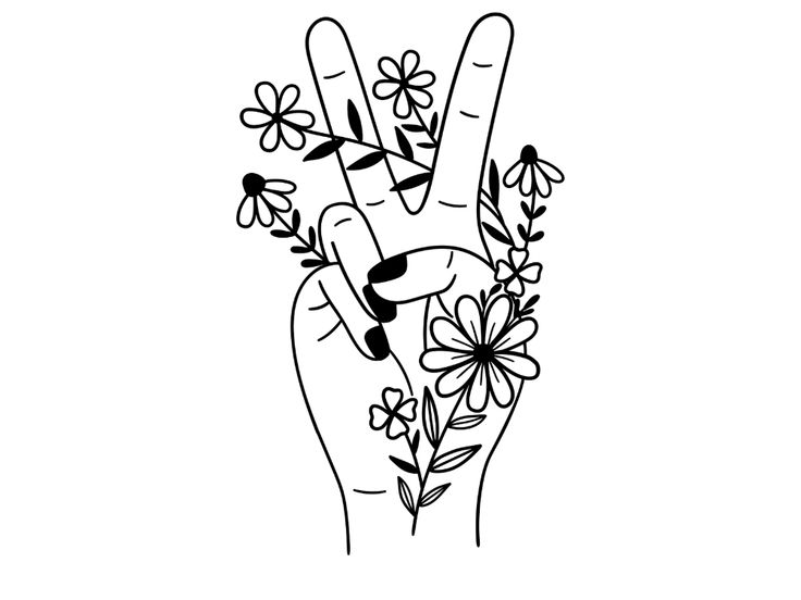 the peace sign with flowers on it is drawn in black and white, as well as two fingers