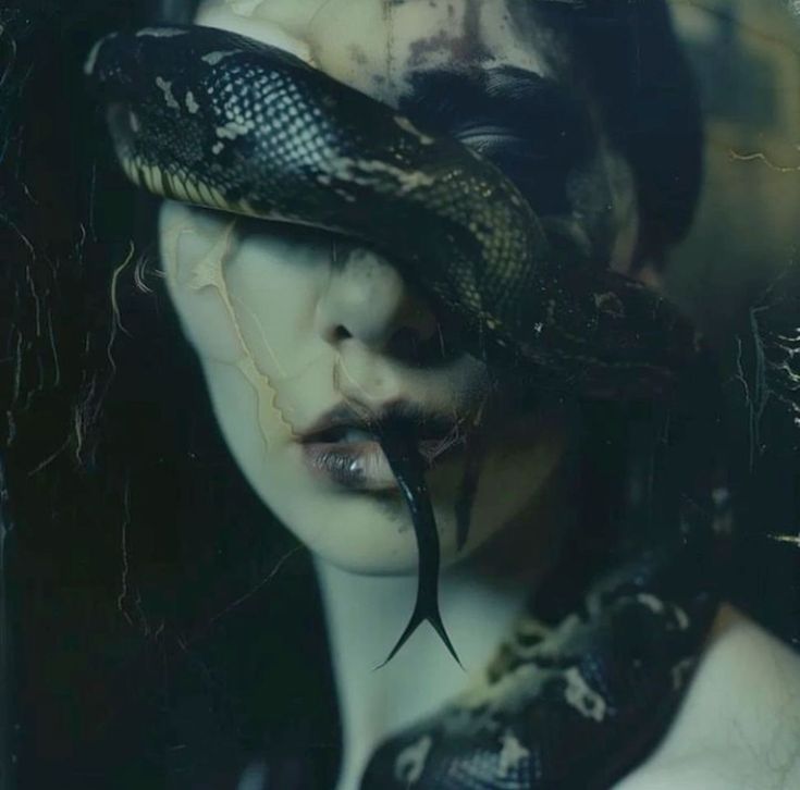 a woman with a snake wrapped around her head and eyes, in front of a dark background