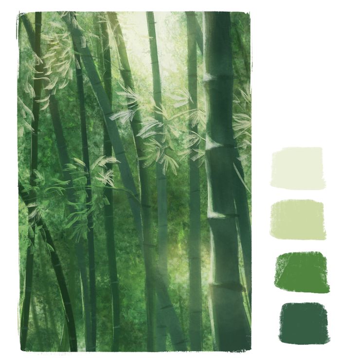 an image of bamboo trees painted in shades of green and white with the color swatches