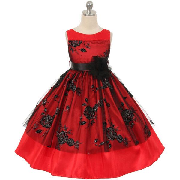 Everlasting yet elegant sleeveless style dress. Tulle flower brooch on the waist. Adjustable satin ribbon sash on the back. Additional netting under the skirt for volume look. Tea length. Center back zipper. Fully lined for comfort. Perfect for special occasions. MADE IN USA COLOR: RED FINAL SALE Bridesmaid Dance, Ankara Styles For Kids, Black Flower Girl Dress, Black Red Wedding, Red Flower Girl Dresses, Halloween Bride, Christmas Pageant, Charmeuse Dress, Bridal Party Outfit