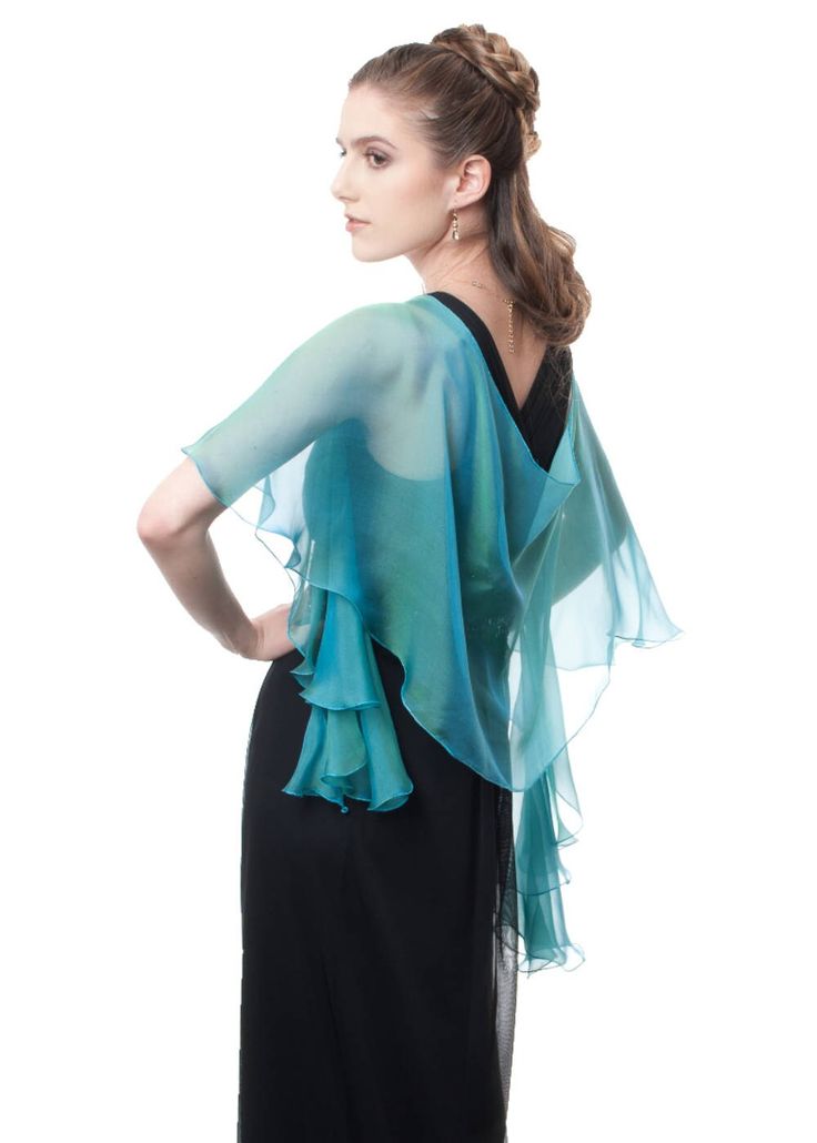 "This airy fluttering scarf, wrap in peacock (greenish-blue) color can jazz up your minimalist dress and give you beautiful feeling of feminine charm as well as give you enjoyable silken touch by covering your shoulders. Made with iridescent silk chiffon and goes from casual daytime to elegant evening wear. Use it as a shawl, wrap sash or as a head cover. DESIGN DESCRIPTION: Free-form, curved cut, fluttering edges. Signature curved cut of scarf top line creates beautiful soft drapes and keep sca Silk Shawl Scarves For Evening, Silk Shawl For Evening, Silk Shawl For Spring Formal Events, Purple Silk Scarves For Formal Occasions, Silk Shawl For Spring Formal Occasions, Silk Shawl For Formal Spring Events, Spring Formal Silk Shawl, Formal Purple Silk Scarves, Formal Purple Silk Scarf