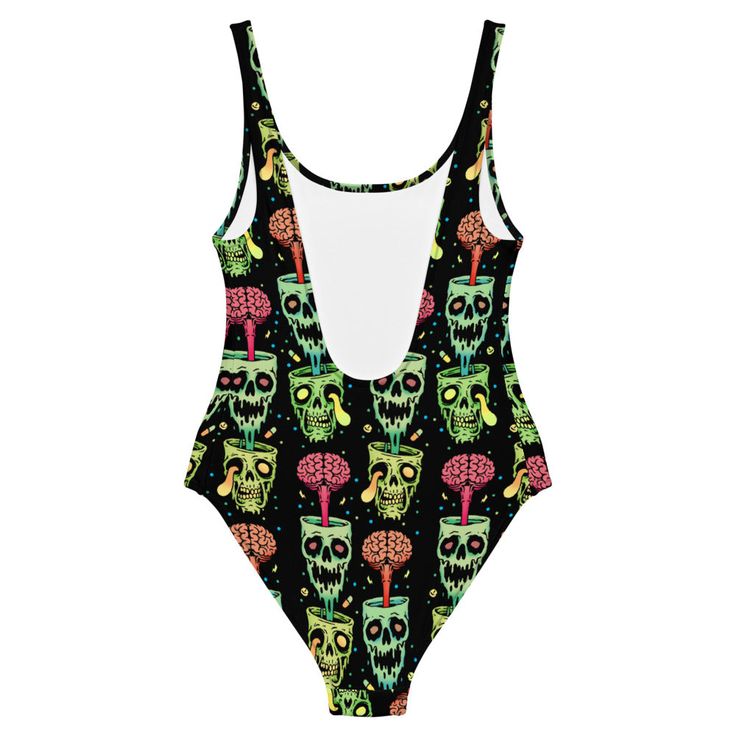 This spooky one-piece swimsuit for all figures will bring out your best features. Enjoy the smooth fabric and the flattering design.*FREE SHIPPING ON ORDERS OVER $65*- 82% Polyester, 18% Spandex- Chlorine-resistant fabric- Cheeky fit with a scoop neckline and a low scoop back- Double-layer front Fun Stretch Swimwear For Pool, Fun Stretch Swimwear For The Pool, Fun Stretch Swimwear, Fun Stretch Swimwear For Swimming, Black Swimwear For Halloween Costume Party, Rave Style Swimwear For Poolside, Fun Fitted Swimwear For Poolside, Rave Style Swimwear For Beach Season, Fitted Sleeveless Swimwear For Costume Party