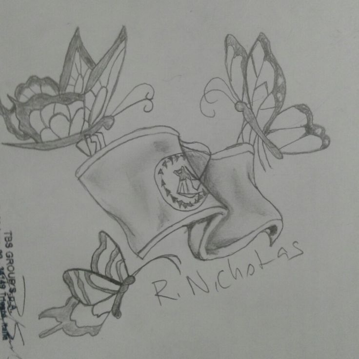 a pencil drawing of two butterflies flying over a bag with the word richmond on it