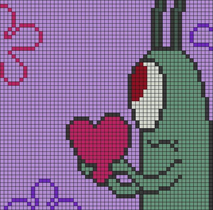 a cross stitch pattern with a green monster holding a red heart in it's right hand