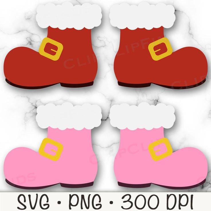 christmas boot cut outs with santa's hat and boots on them, in pink and red