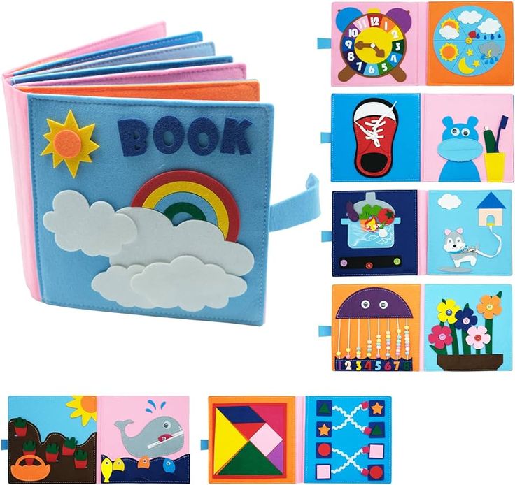 children's books with pictures of animals, clouds and rainbows on the pages