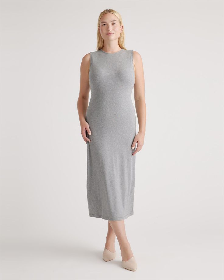 Your invite to be comfy and look cool has arrived. Our Tencel Rib Knit Tank Midi Dress is made from Tencel™ fabric, so it's soft, has plenty of stretch, and is more sustainable, too. With its sleeveless design and midi length, we predict tons of outfit possibilities. Tank Top Midi Dress, 10 Weeks Pregnant, Rib Knit Tank Top, Long Tank, Quarter Zip Sweater, Flattering Dresses, Just Run, Knit Tank, Knitted Tank Top