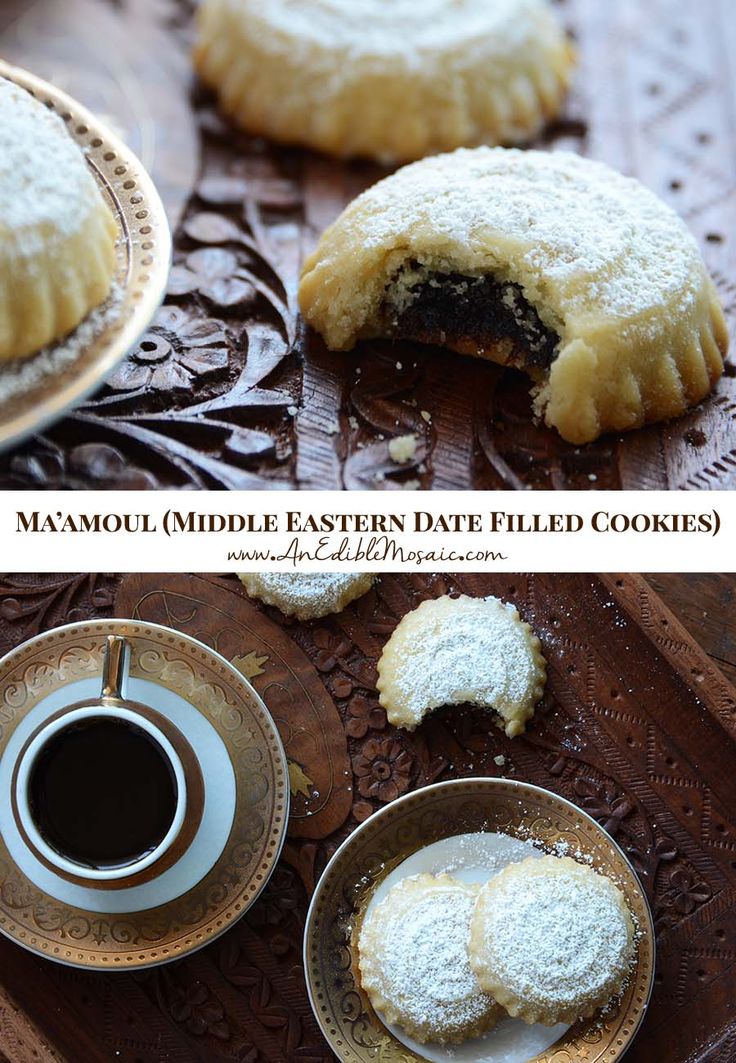 two pictures of pastries and coffee on a wooden table with text overlay that reads, maamou middle eastern date filled cookies