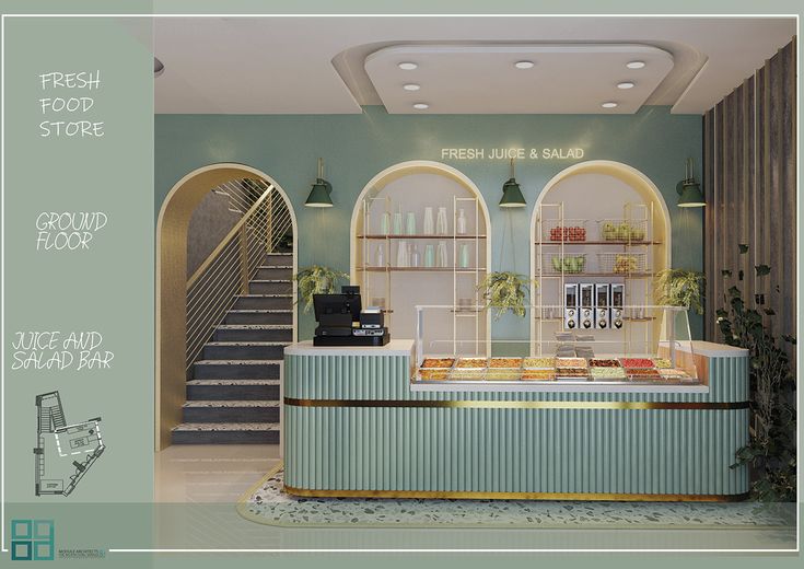 the interior of a restaurant with green walls and white trim on the counter, along with stairs leading up to the second floor