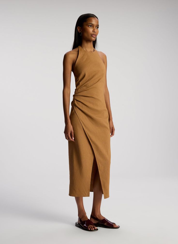 side view of woman wearing brown sleeveless midi dress Midi Halter Dress, Architectural Jewelry, Halter Midi Dress, Midi Dress Casual, Mid Dresses, Clothing Essentials, Romper Dress, Halter Neckline, Strap Dress