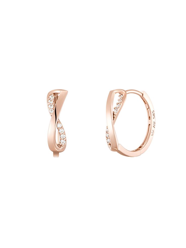 Editor's NotesJ.ESTINA is introducing stylish jewelry pieces that reflect the lifestyle of sophisticated contemporary women.- Infiniti motif earrings- One touch hoop earrings- Accented with cubic stones in a rowMeasurements(in.)- 0.2 in. x 0.6 in.- Weight 1.55gComposition & Care- 585 rose gold- Do not washDesigner- by J.ESTINA Elegant Rose Gold Hoop Diamond Earrings, Modern Prong Set Huggie Earrings For Formal Events, Elegant Rose Gold Hoop Earrings With Diamond Accents, Modern Hoop Earrings With Pave Setting For Formal Occasions, Modern Diamond Hoop Earrings For Formal Occasions, Elegant Huggie Earrings With Diamond Accents For Formal Events, Modern Cubic Zirconia Hoop Earrings For Formal Occasions, Modern Cubic Zirconia Hoop Earrings For Formal Events, Elegant Pave Set Huggie Earrings As Gift