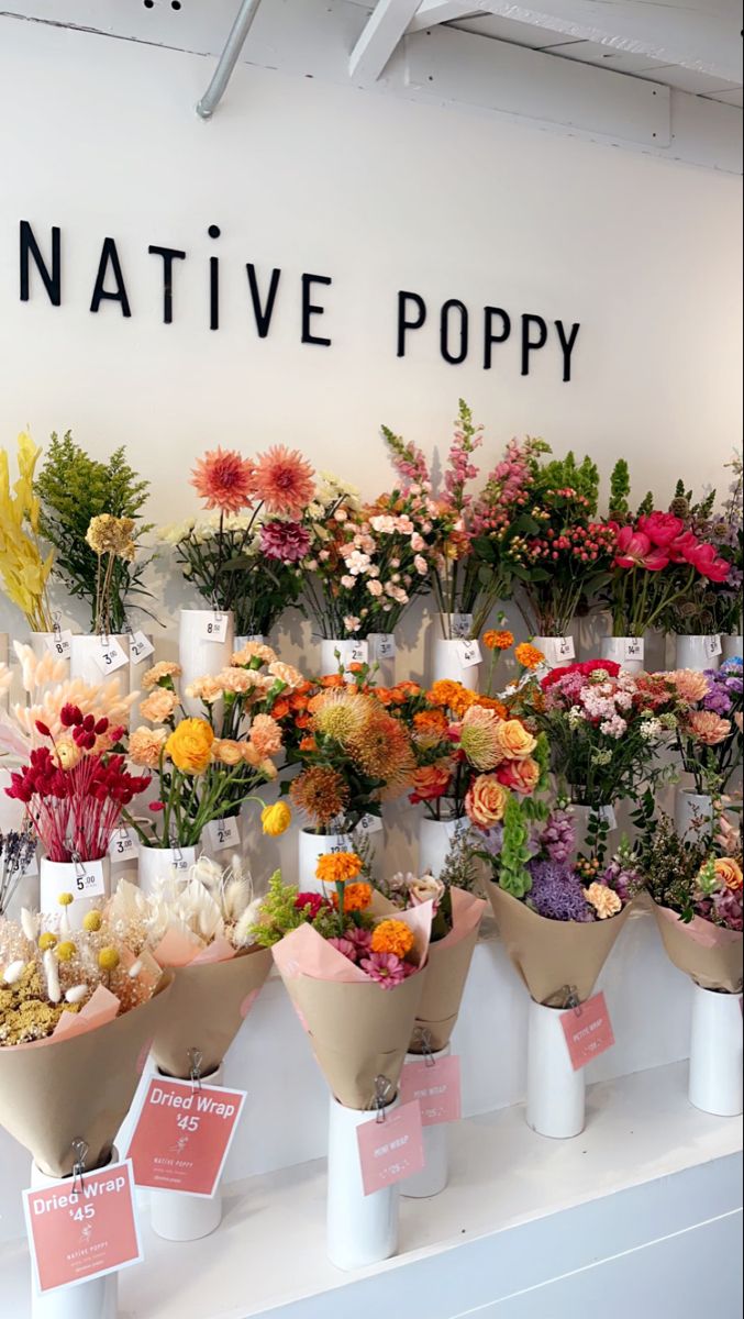 a bunch of flowers are on display in front of a sign that says native poppy